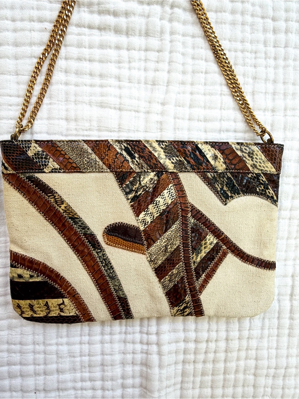Vintage David Mehler for Dame Patchwork Snakeskin Canvas Chain Clutch Bag